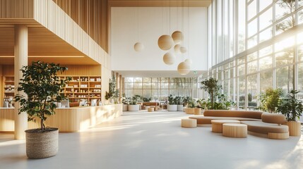 Sunlit modern lobby with wooden furniture, plants, and large windows.