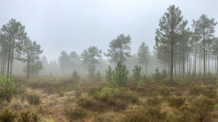Obraz premium Misty morning in a pine forest with young trees and shrubs