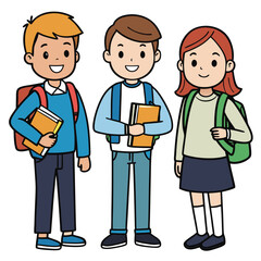 Three students chatting and holding books and backpacks isolated on white background