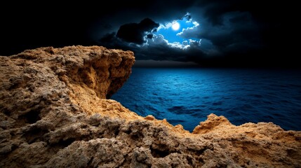 Moonlight Over the Sea: A dramatic, almost otherworldly scene of a rocky cliff overlooking a vast, moonlit ocean. The sky is filled with dark, brooding clouds that frame the luminous moon.