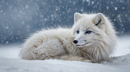 Obraz premium Hyper-Realistic Arctic Fox in Snowfall – Winter Wildlife Scene