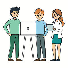Three coworkers discussing a project with one holding a laptop isolated on white background
