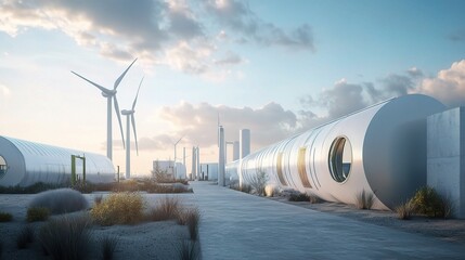 Obraz premium Hydrogen Pipeline Next to Wind Turbines under a Clear Sky