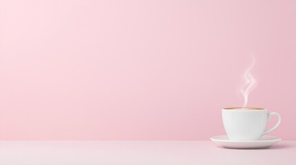 Pastel coffee concept. A steaming cup of coffee on a pastel pink background, perfect for calming vibes.