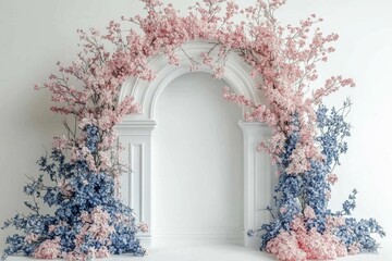 Elegant floral archway with pink and blue blossoms against white background