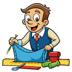 Tailor measuring fabric with a tape measure while smiling isolated on white background