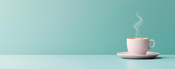 Pastel coffee idea. A steaming cup of coffee on a minimalistic mint background.
