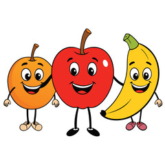 Smiling apple, banana, and orange with cartoon faces isolated on white background