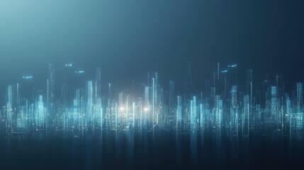 Futuristic digital cityscape with neon lights and high-tech drone swarm