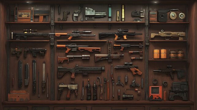 Detailed view of a wooden cabinet filled with various weapons, tools, and gadgets.