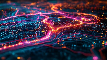 An abstract flat global map featuring luminous points of interest glowing in radiant neon colors, intricate data streams linking nodes, layered holographic displays, and a sleek,