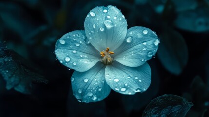 A close-up of a pale bluebell flower with water droplets on its delicate petals, surrounded by fresh greenery.