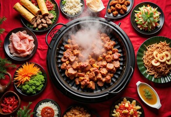 Assorted foods, steaming grill on a red tablecloth