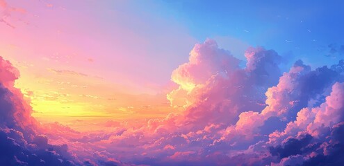 Vibrant Sunset Sky with Fluffy Clouds and Birds