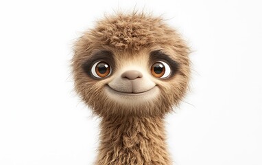 Obraz premium Adorable cartoon sloth with fluffy brown fur, big eyes, and a sweet smile against a white background.