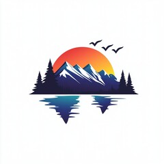 Logotipo minimalista de paisaje con monta&ntilde;as nevadas, lago, &aacute;rboles y un atardecer colorido, ideal para turismo y naturaleza