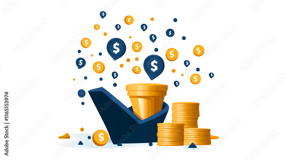 Poster visual representation of wealth growth with coins and dollar signs emerging from a funnel