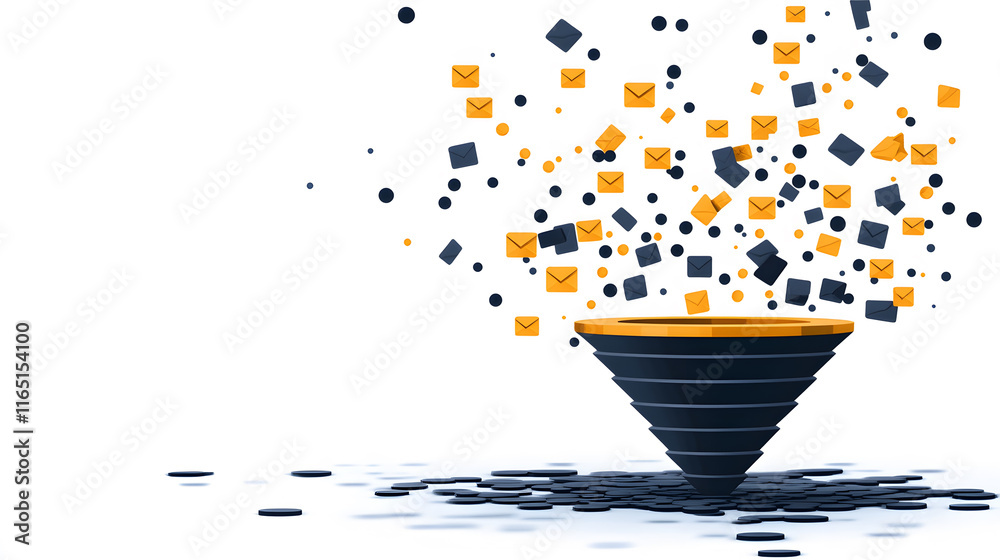 Poster Abstract funnel concept with colorful squares dispersing from the top