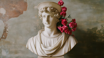 Naklejka premium An antique bust of a male figure, accompanied by a bouquet of carnations, resting in a hat.