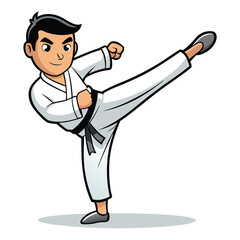 Martial artist in a white gi mid-kick dynamic isolated on white background
