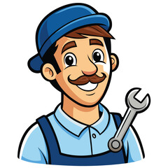 Mechanic with a wrench and grease marks on the face isolated on white background