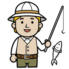 Man holding a fishing rod with a fish on the hook isolated on white background