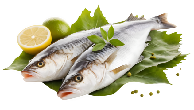 Fresh Cod fish and leafy ingredients, beautifully arranged on a clean white backdrop.