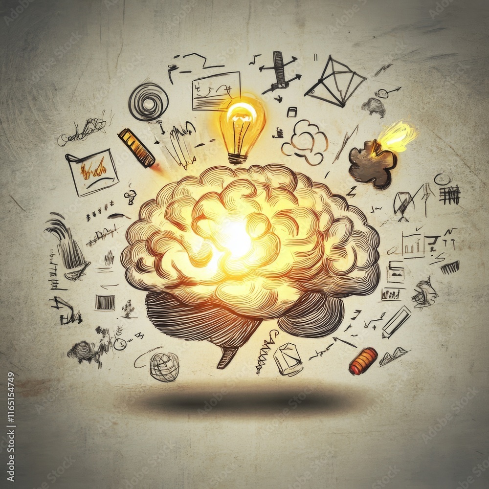 Poster a creative concept of a human brain illuminated with light, surrounded by floating symbols of new id