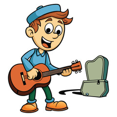 A guitarist playing on a sidewalk, open guitar case nearby, isolated on white background.