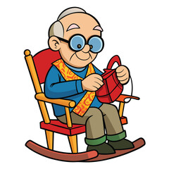 A grandfather knitting in a rocking chair, spectacles on, isolated on white background.