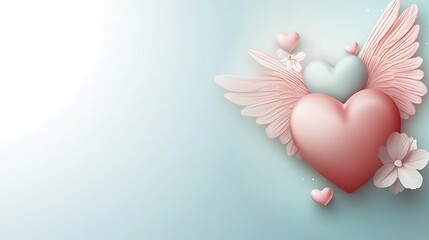 Angelic Wings Embrace Pink Hearts Soft Flowers