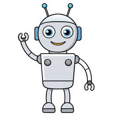 Friendly robot with antennae and metallic arms waving isolated on white background