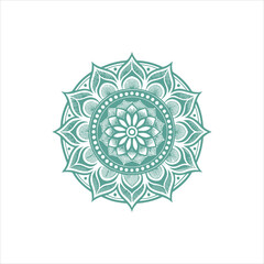 Top view of a ceramic plate showcasing a detailed floral mandala design in vibrant orange and teal colors, isolated on white background.