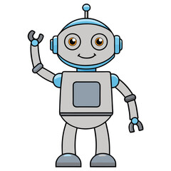 Friendly robot with antennae and metallic arms waving isolated on white background