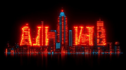 Neon Cityscape At Night Red And Blue Lights