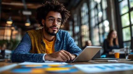 Business analyst presenting performance metrics to colleagues on a tablet in a modern workspace