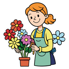 Florist arranging a bouquet with colorful flowers isolated on white background