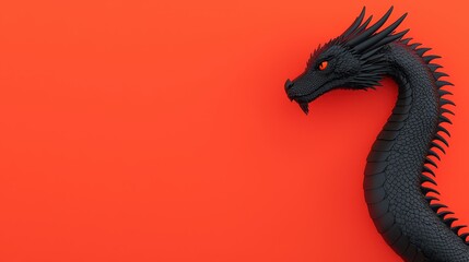 Naklejka premium Black Dragon Head with Spiky Scales on Vibrant Orange Background