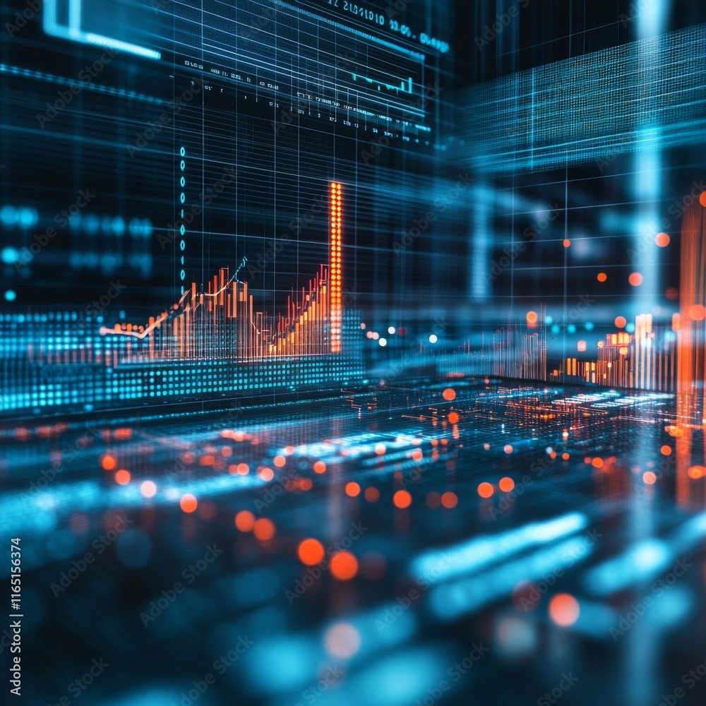 Leinwandbilder A finance-themed digital grid with sharp upward trends and overlaying data points representing economic growth.
