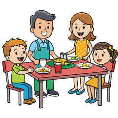 Family of four sharing a meal at a table cheerful isolated on white background