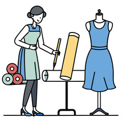 Designer sketching a dress with fabric rolls nearby isolated on white background