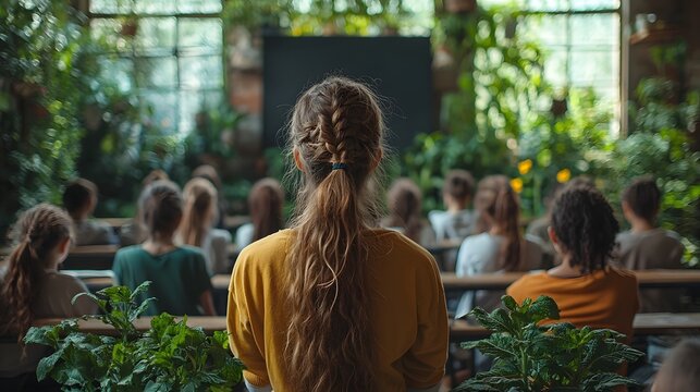 Teacher Guiding Students on Environmental Stewardship in Classroom Setting