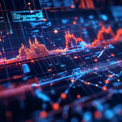 Fototapeta premium A glowing digital graph with fluctuating stock prices, surrounded by holographic forex exchange rates and market data.