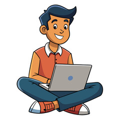 College student sitting on the ground using a laptop isolated on white background