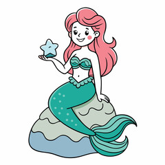 A cheerful mermaid sitting on a rock, turquoise tail isolated on white background