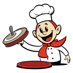 A cheerful cartoon chef flipping a pancake, white isolated on white background
