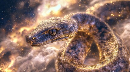 Cosmic Serpent - Year of the Snake Surreal Illustration | Nature and Galaxy Blend 3D Artwork for Wallpaper Design