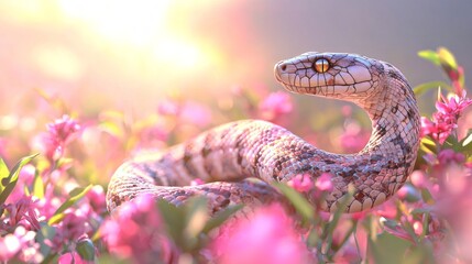 Fototapeta premium Serpentine Grace: 3D Render of a Dynamic Snake Among Wildflowers, Symbolizing Freedom Wallpaper