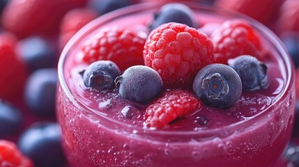 Berry smoothie with fresh berries on top.