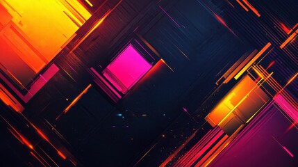 vibrant abstract background featuring bold, geometric shapes in neon colors, set against a dark, textured backdrop. The high contrast and sharp lines evoke a futuristic and dynamic atmosphere